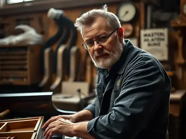 Master piano technician working on a grand piano in our Vail workshop