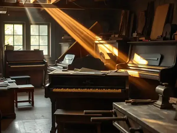Our vintage piano workshop filled with antique tools and restored instruments